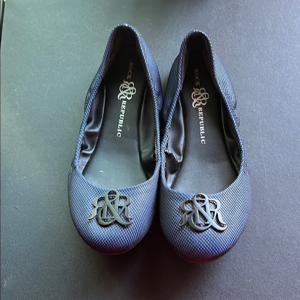 Rock & Republic Blue Flats with Monogram Detail Size 9.5